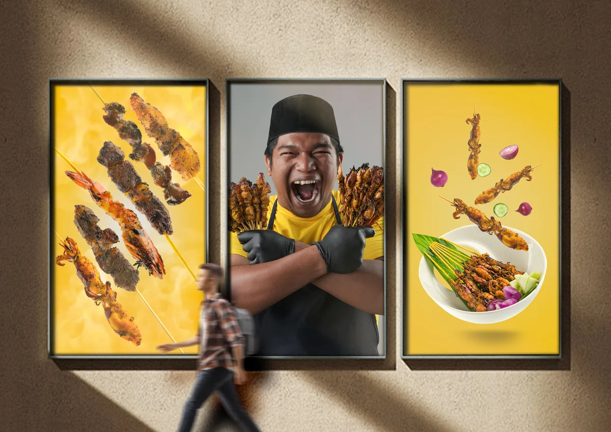 Food photography used on a three-panel street billboard: satay skewers, a vendor holding fistfuls of satay, and a plated serving